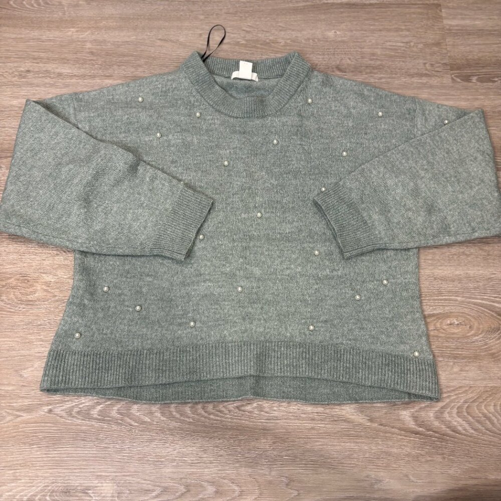 H&M Oversized Soft Green Pastel Beaded Knit Sweater sz M
